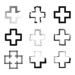 Black cross symbols. Plus sign icons. First aid emblem. Vector medical illustration.