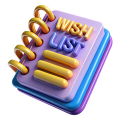 Colorful 3D spiral notebook with bold WISH LIST text in playful purple, blue and yellow cartoon style, isolated on white

