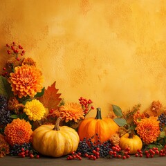 Bright Autumn Composition with Pumpkins and Colorful Flowers on Golden Background