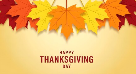 Happy thanksgiving day text with colorful autumn maple leaves hanging from above on a warm yellow gradient background, celebrating the fall harvest season and gratitude