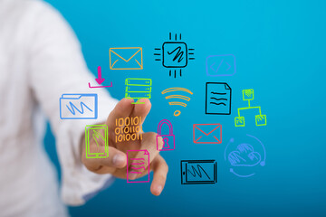 Hand interacting with digital technology icons, network, connection, data, internet, communication, cloud, server, security, technology, i