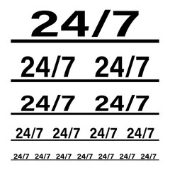 24 7 typography. Vector text pattern. Twenty four seven sign. Service hour emblem.