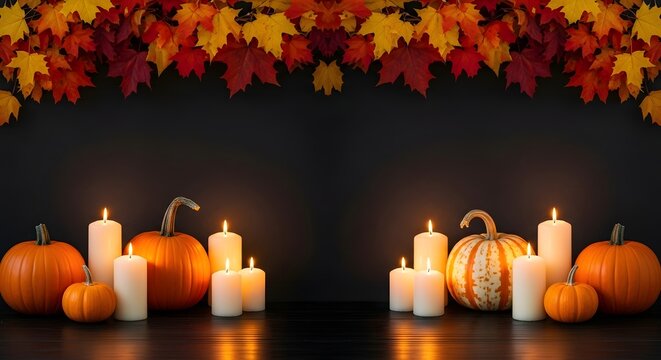 Autumnal arrangement of pumpkins and lit candles against a dark background, framed by colorful fall leaves, evoking a cozy and festive atmosphere for halloween or thanksgiving celebrations