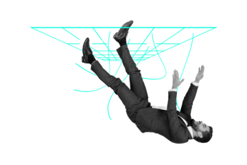 Composite photo collage of inexperienced businessman fall net interface reduction work problem crisis isolated on painted background