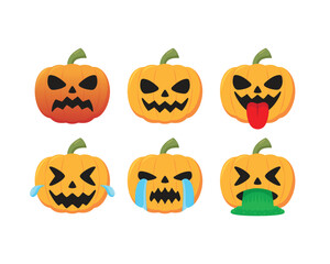 Set of vector illustration pumpkins with different expressions. Cute halloween pumpkin emoticons.