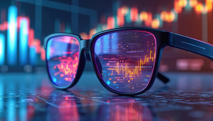 Eyeglasses reflect stock market charts and data. Futuristic digital interface shows financial graphs. Trading analytics visualized on lenses. Technology for financial prediction.
