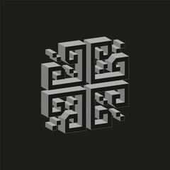 3D geometric cube. Labyrinth maze pattern. Abstract architecture symbol. Vector dimensional shape.
