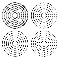 Dotted circle patterns. Line dash shapes. Abstract geometric Vector. Radial element collection.