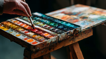 Fototapeta premium Artistic Palette: An artist's hand delicately wields a brush, dipping into a vibrant array of watercolor paints, ready to bring a canvas to life.