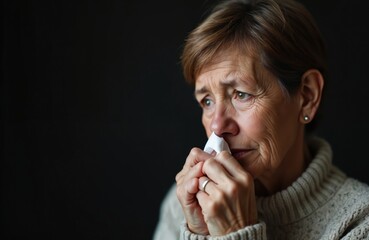 Upset senior woman crying, wiping tears with tissue. Sad elderly lady feels lonely, suffering from depression. Grieving old female feels pain, sorrow, despair from loss. Close up portrait of