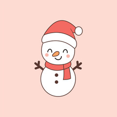 Cute cartoon snowman wearing santa hat and red scarf on pastel pink background, adorable christmas and winter holiday illustration, tiny character flat vector design.