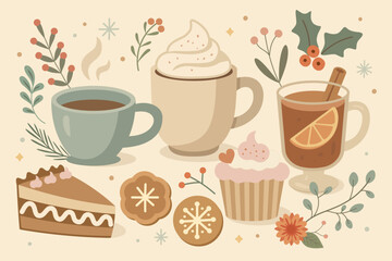 Winter coffee and dessert set. Cozy winter vector illustration featuring hot coffee, cappuccino with whipped cream, and festive desserts surrounded by pine branches, holly berries, and winter greenery
