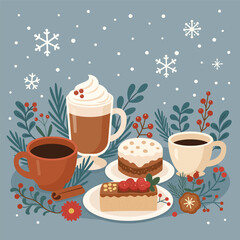 Cozy Christmas coffee and dessert set. Warm and festive winter illustration in modern flat vector style. A cozy table with coffee, cappuccino, and sweet desserts surrounded by pine branches, berries