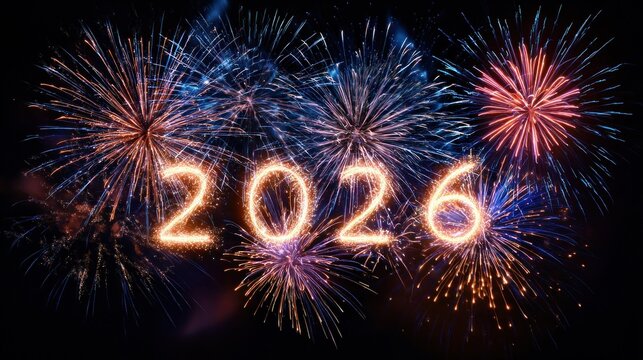 Dazzling Fireworks Display Illuminates the Night Sky with "2026" in Fiery Sparkle