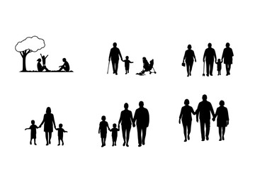 Intergenerational Family Connection Silhouettes: Diverse Family Moments, Grandparents, Parents, Kids Vector Set	