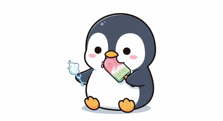 Fototapeta premium Cute Penguin Eating a Popsicle