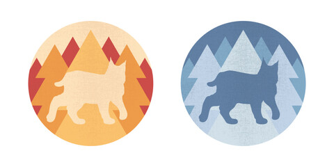 Round emblems with a lynx silhouette on forest background. Forest animal. Vector illustration