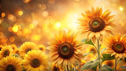 Fototapeta premium Golden hour sunlight illuminates a field of vibrant sunflowers with soft bokeh lights creating a warm and magical atmosphere
