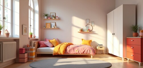 Sunlight streams into tidy childs bedroom featuring bed with colorful linens, shelves with decor, and white wardrobe. Coral dresser adds bright accent. This cozy space looks ready for sleep or play.