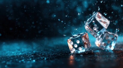Fototapeta premium Three translucent dice tumble and splash in water, creating dynamic bubbles and reflections that symbolize chance, luck, and the excitement of gaming in an abstract setting.