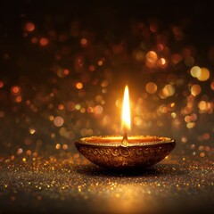 Glowing diya lamp with sparkling bokeh on a festive backdrop
