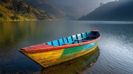 Colorful wooden boat floating on serene lake surrounded by lush green hills