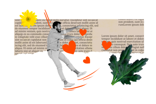 Composite trend artwork sketch image photo collage of like love story feeling young man fly confused fall down date text page flower