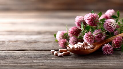 This image depicts natural herbal supplements arranged on a rustic wooden surface, accompanied by vibrant clover blossoms, highlighting health, wellness, and nature&rsquo;s gifts.