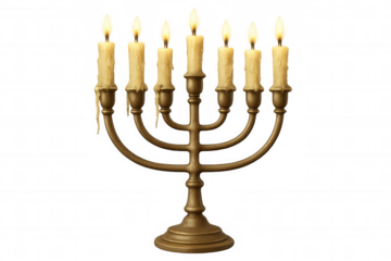 Golden menorah with seven burning candles, symbolizing judaism, hannukah festival, tradition, light, and religion