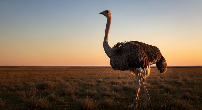 An ostrich walks across a vast, grassy plain during a beautiful sunset. - Powered by Adobe