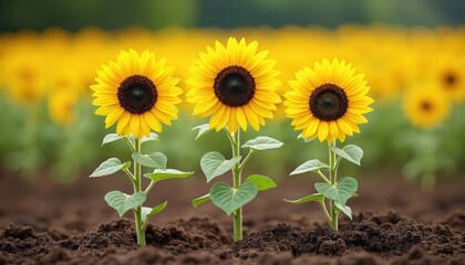Three vibrant young sunflowers grow from rich dark soil. Bright yellow blooms face forward against blurred field of sunflowers. Summer agriculture scene, healthy plants thrive under sunny blue sky.