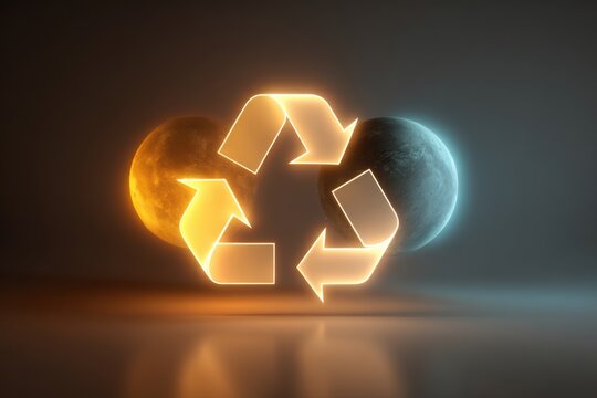 Glowing recycle symbol between two planets representing the environment