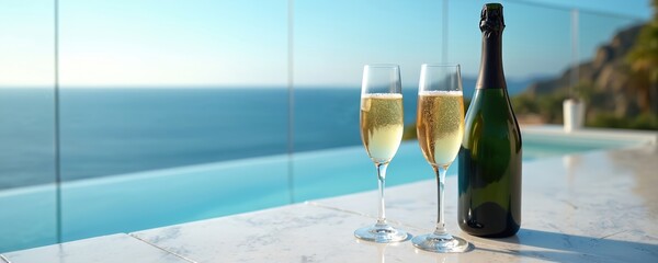 Champagne bottle, two glasses on marble table by infinity pool. Ocean view with clear blue water, sky. Refreshing drink for celebration, relaxation, romantic evening. Luxury setting with sea horizon.