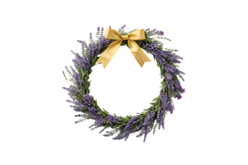 Rustic lavender wreath decorated with purple flower sprigs and elegant gold satin ribbon bow at top, isolated on a transparent background