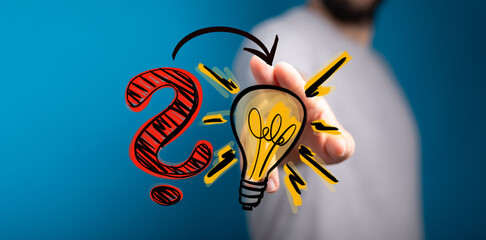 Abstract concept of problem-solving and innovation, featuring a question mark transforming into a glowing light bulb. Ideal for business strateg