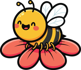 Obraz premium Cute cartoon bee smiling happily sitting on a flower with red petals.