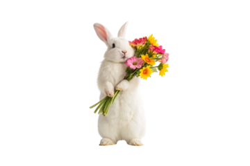 White bunny rabbit standing holding vibrant mixed flower bouquet with pink yellow blooms in front paws, isolated on a transparent background