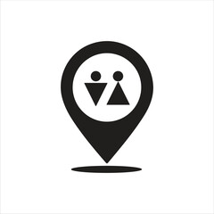 Man and Woman Location Pin Icon Vector Illustration, Male and Female Map Marker Symbol Design, Gender Location GPS Pin Vector Icon, People Location Pointer Flat Vector Illustration, Man Woman Restroom