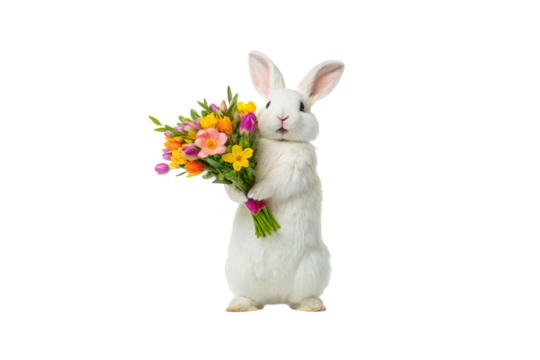 White rabbit standing upright holding colorful spring flower bouquet with tulips and daisies in paws, isolated on a transparent background
