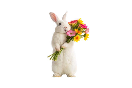 White bunny rabbit standing holding vibrant mixed flower bouquet with pink yellow blooms in front paws, isolated on a transparent background