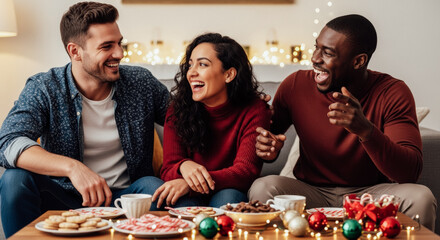 Three friends laughing and sharing Christmas cookies during a joyful holiday gathering in a cozy living room.