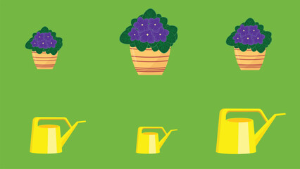 Set of watering can and flower pots isolated on green background. Vector illustration.