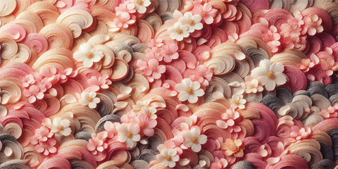 A delicate background texture of rippling sakura petals in soft pinks, whites, and neutrals, creating an elegant and flowing design.