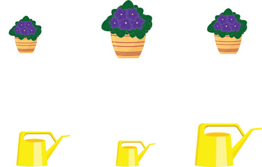 Set of watering cans with flowers in pots. Vector illustration in flat style.