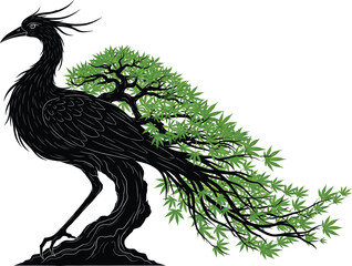 Mythical Phoenix Tree Fusion - Vibrant Green Foliage and Elegant Bird Silhouette