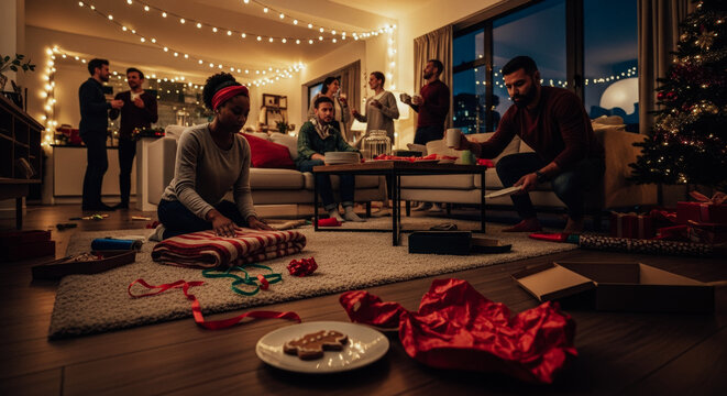 Diverse group of friends joyfully preparing for a Christmas celebration, wrapping gifts and enjoying evening in cozy, festive living room. - Powered by Adobe