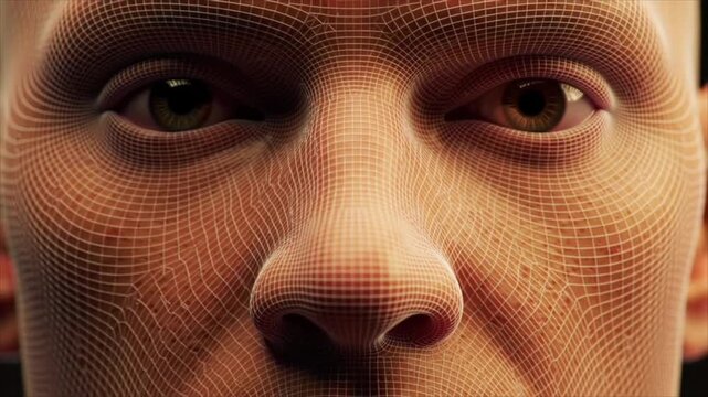 Intricate digital portrait of a male face with a wireframe grid overlay, symbolizing artificial intelligence and the future of biometric identity