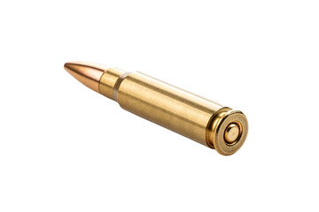 Brass rifle cartridge ammunition round with copper-tipped bullet lying horizontally showing base primer, isolated on a transparent background