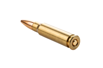 Brass rifle cartridge ammunition round with copper-tipped bullet lying horizontally showing base primer, isolated on a transparent background