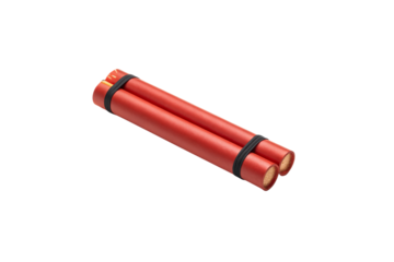 dynamite sticks, bright red cylinders, bundled explosives, three tubes bound together, realistic 3D render, isolated on a transparent background